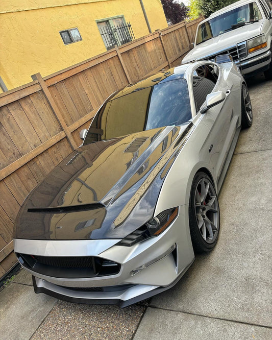 2018-2023 FORD MUSTANG SUPER SNAKE STYLE DOUBLE SIDED CARBON FIBER HOOD