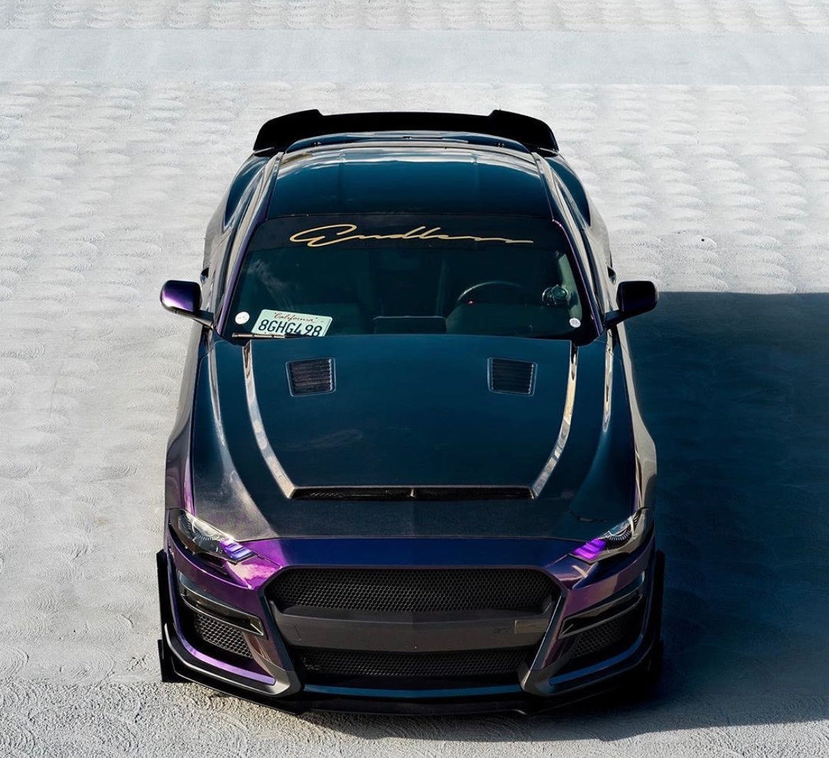 2018-2023 FORD MUSTANG SUPER SNAKE STYLE DOUBLE SIDED CARBON FIBER HOOD