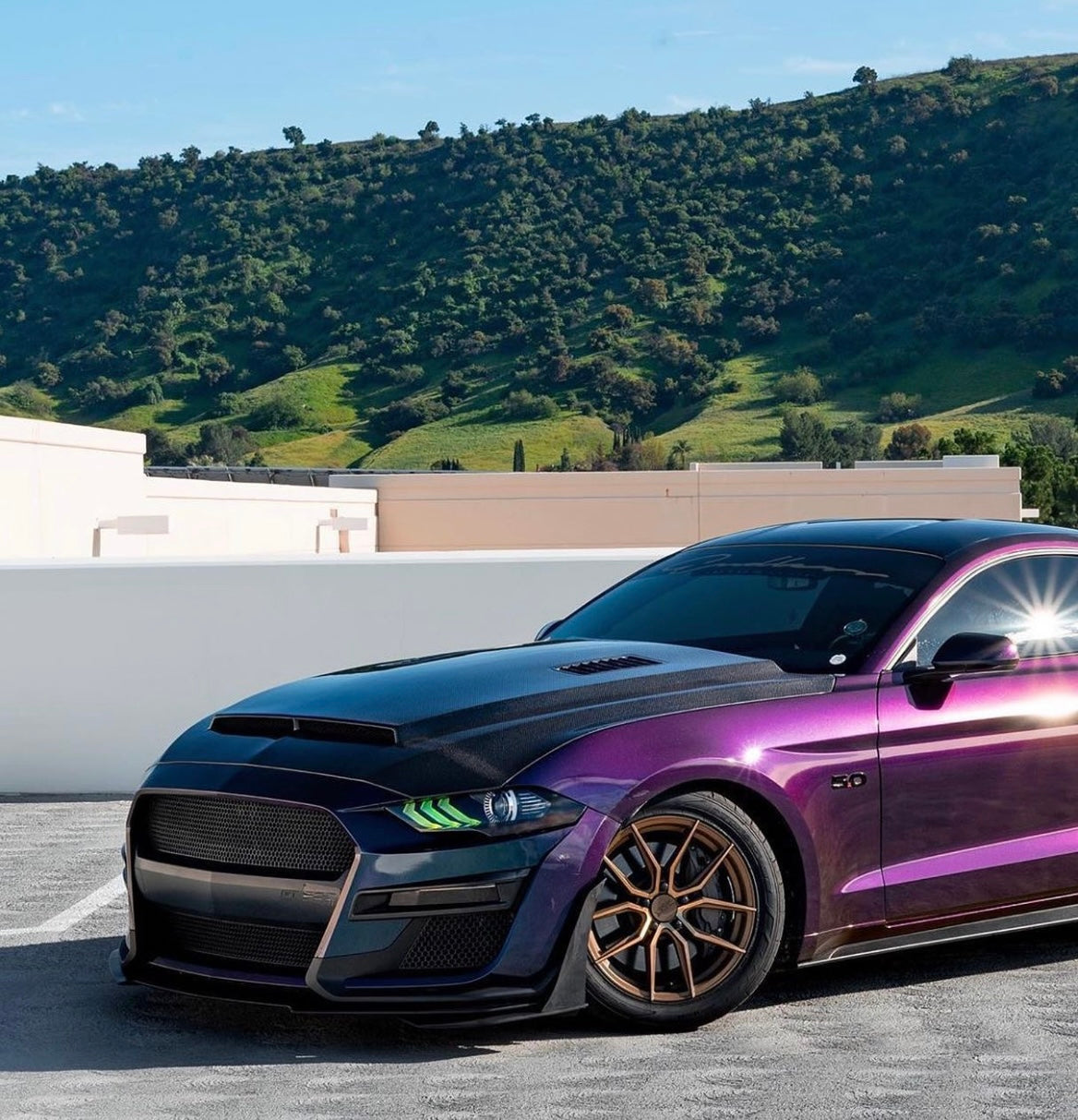 2018-2023 FORD MUSTANG SUPER SNAKE STYLE DOUBLE SIDED CARBON FIBER HOOD