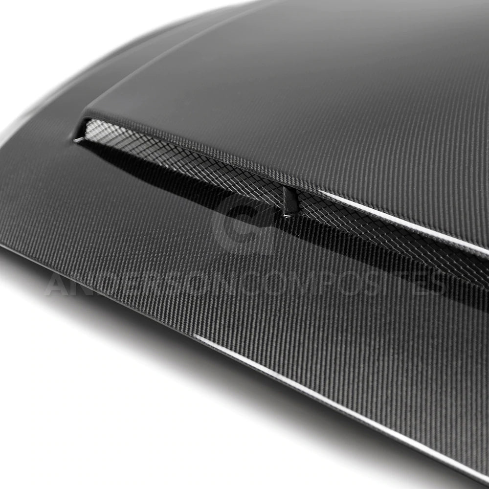 2018-2023 FORD MUSTANG SUPER SNAKE STYLE DOUBLE SIDED CARBON FIBER HOOD